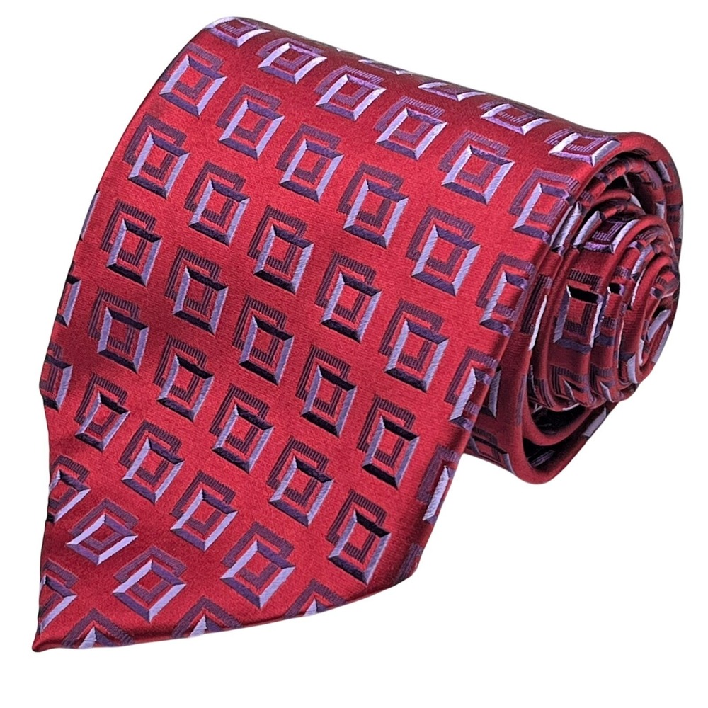 Ermenegildo Zegna Silk Men's Necktie Red Geometric Jacquard 3D Squares Italy